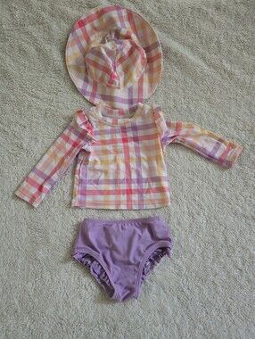 First Impressions Pink, Peach & Lavender Plaid Rashguard Set with Sun Hat